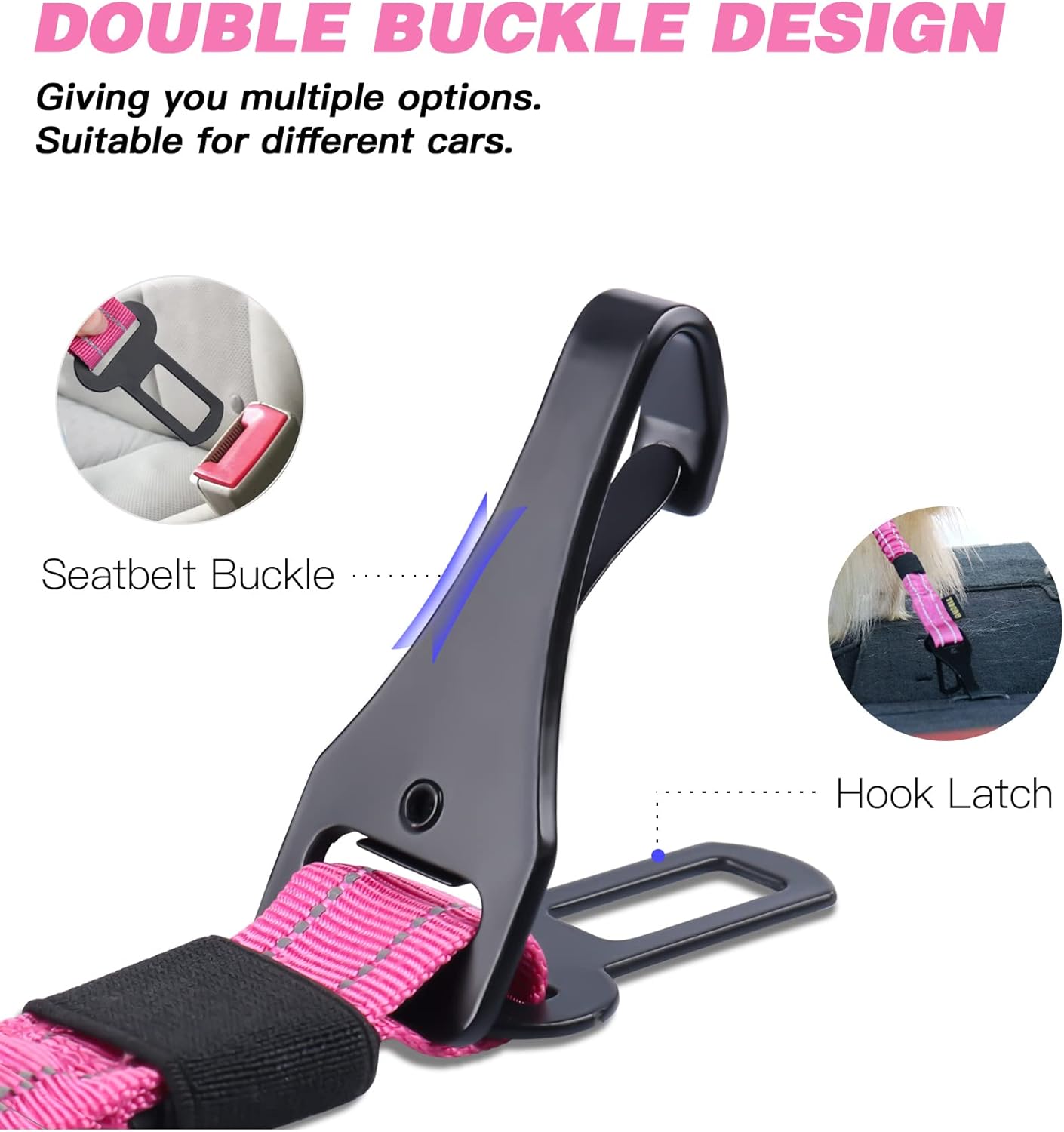 AUBELL Dog Seat Belt for Car – Updated 3-in-1 Adjustable Reflective Bungee Heavy Duty Dog Car Harness Tether with Clip Hook Latch &amp; Buckle, Swivel Zinc Alloy Carabiner (Hot Pink)