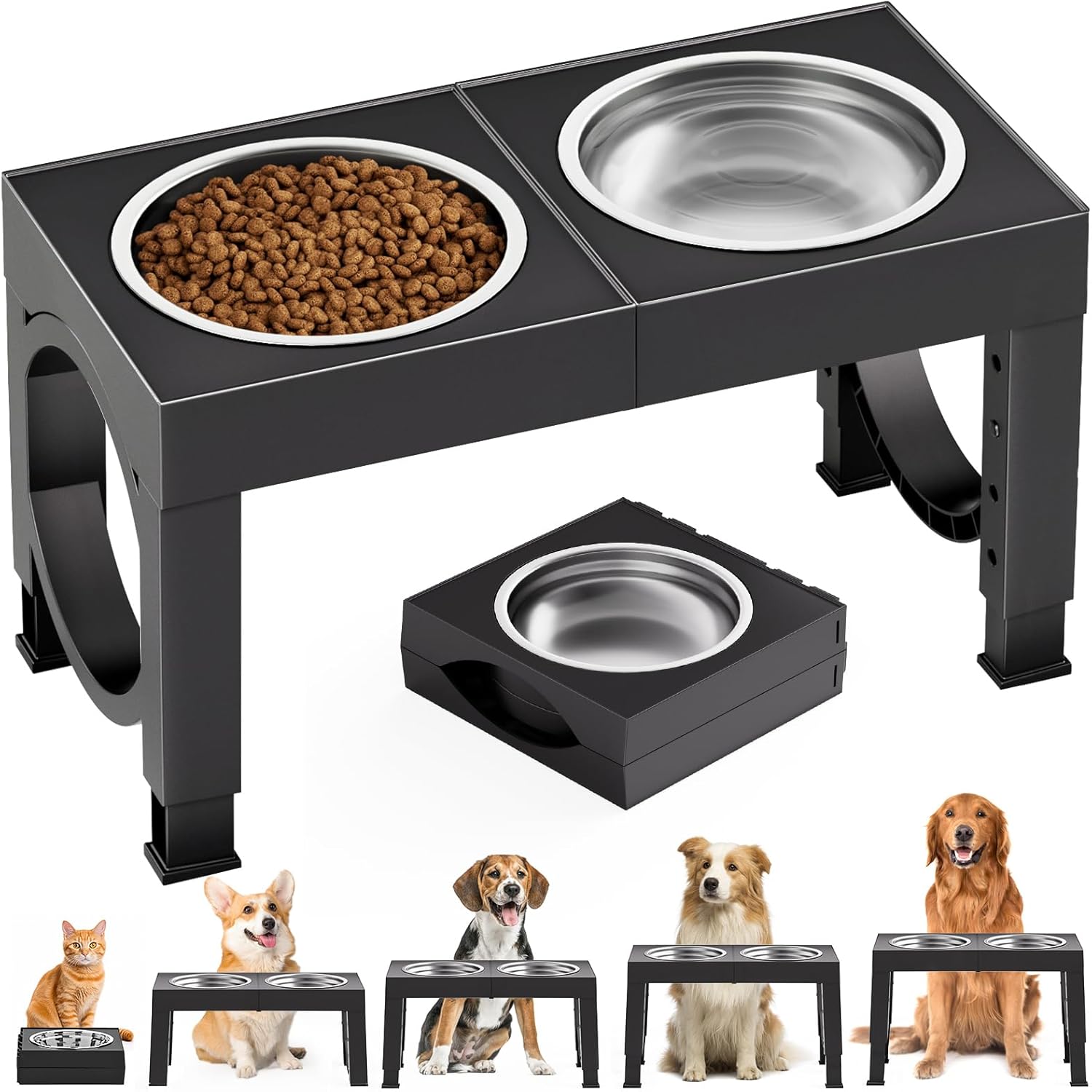 XIAZ Elevated Dog Bowls – Adjustable Raised Dog Bowl Stand for Large &amp; Medium Dogs with Stainless Steel Food &amp; Water Bowls (5 Height Settings, Black)