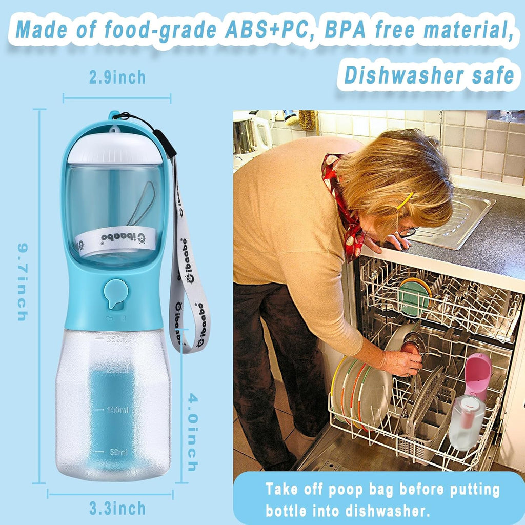 Cibaabo Dog Water Bottle with Food Container & Poop Bag Holder – Portable Travel Pet Water Dispenser for Walking, Hiking & Outdoor Adventures
